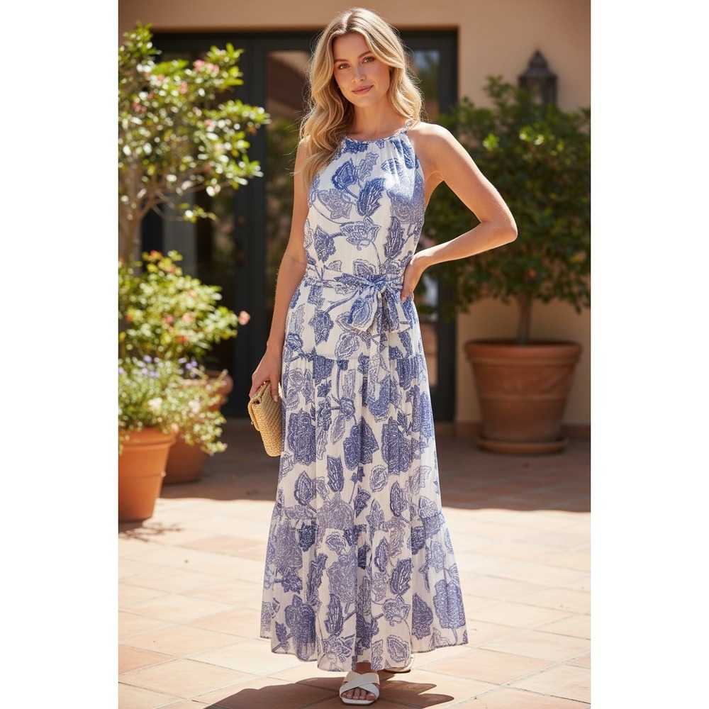 Jessica Howard Blue White Purple Floral Tiered Belted Halter Midi Maxi Dress 6